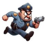 Karikatur af en vred politibetjent, der løber med en pistol i hånden.