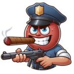 Animeret karakter af en politimand med pistol og cigar, iført uniform og hat.
