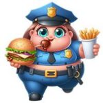 En tegneserieagtig politibetjent holder en burger og pomfritter i hænderne.