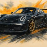 Sort Porsche sportsvogn med guld fælge og dynamisk penselstrøg i baggrunden.