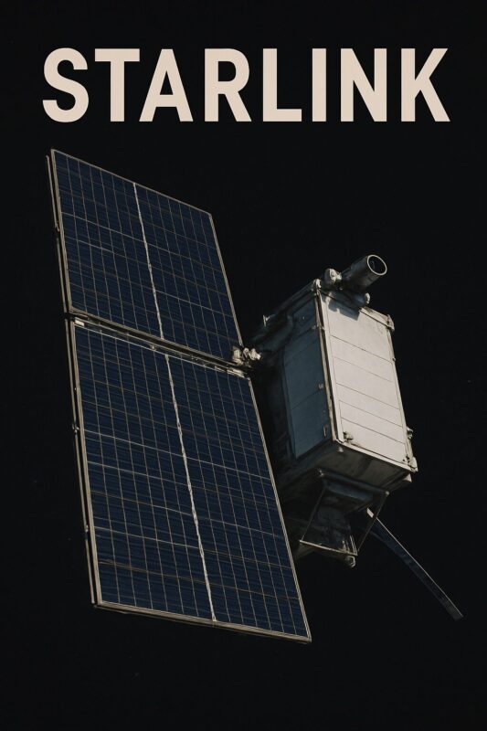 Satellit med solpaneler og en antenne, mærket med 'STARLINK'.